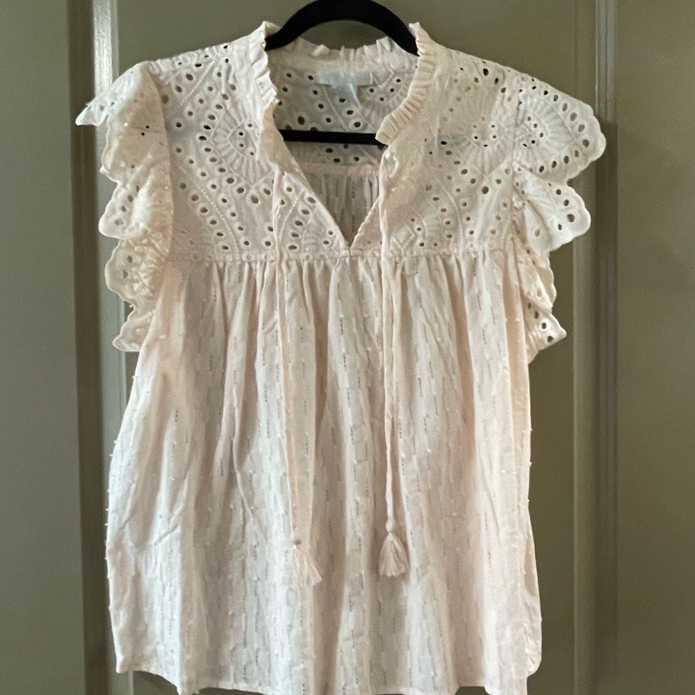 Design History Cream Pink Flutter Sleeve Blouse with Ruffled Tie Front